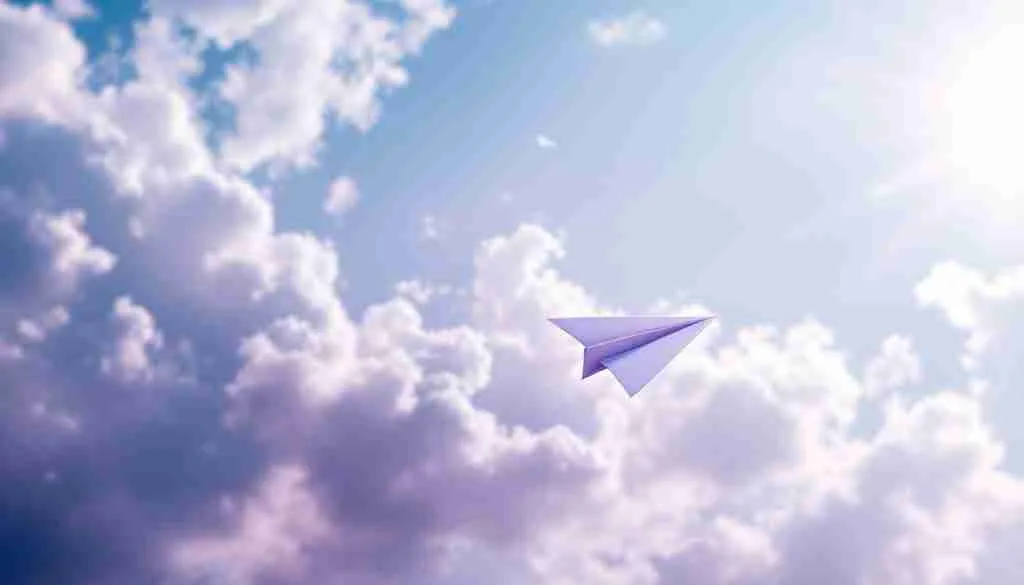 Purple paper airplane soaring through soft clouds.
