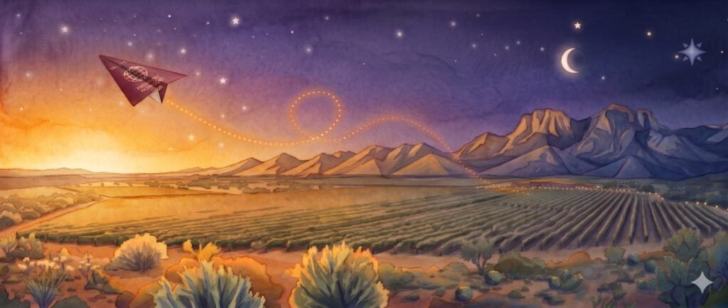 Watercolor illustration of a sun-drenched Willcox Arizona vineyard at golden hour, with rolling rows of grapevines, misty mountains in the background, and a paper airplane folded from a passport soaring overhead