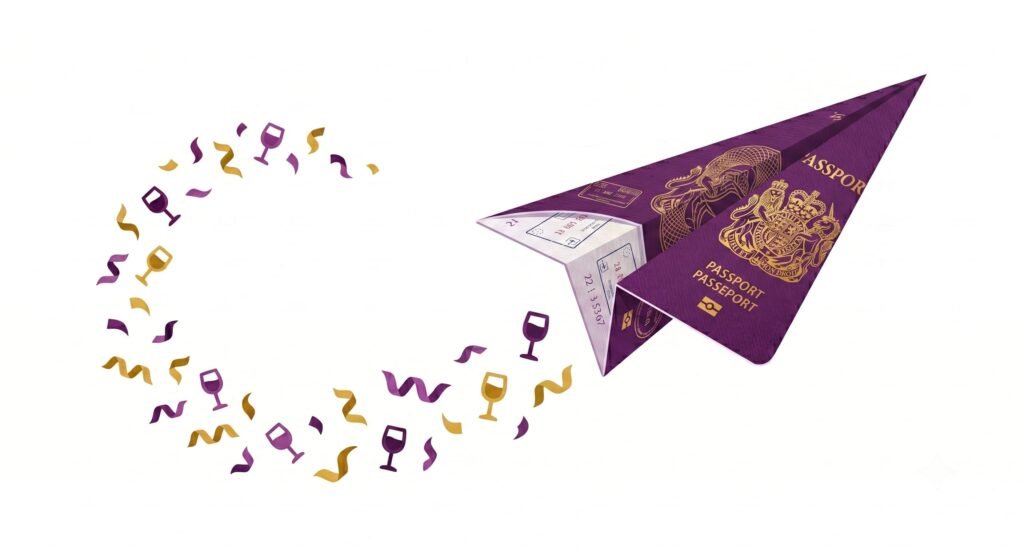 Whimsical watercolor illustration of a purple I Love Willcox Wine Country passport with colorful wine glass confetti exploding around it and a paper airplane passport soaring through the air