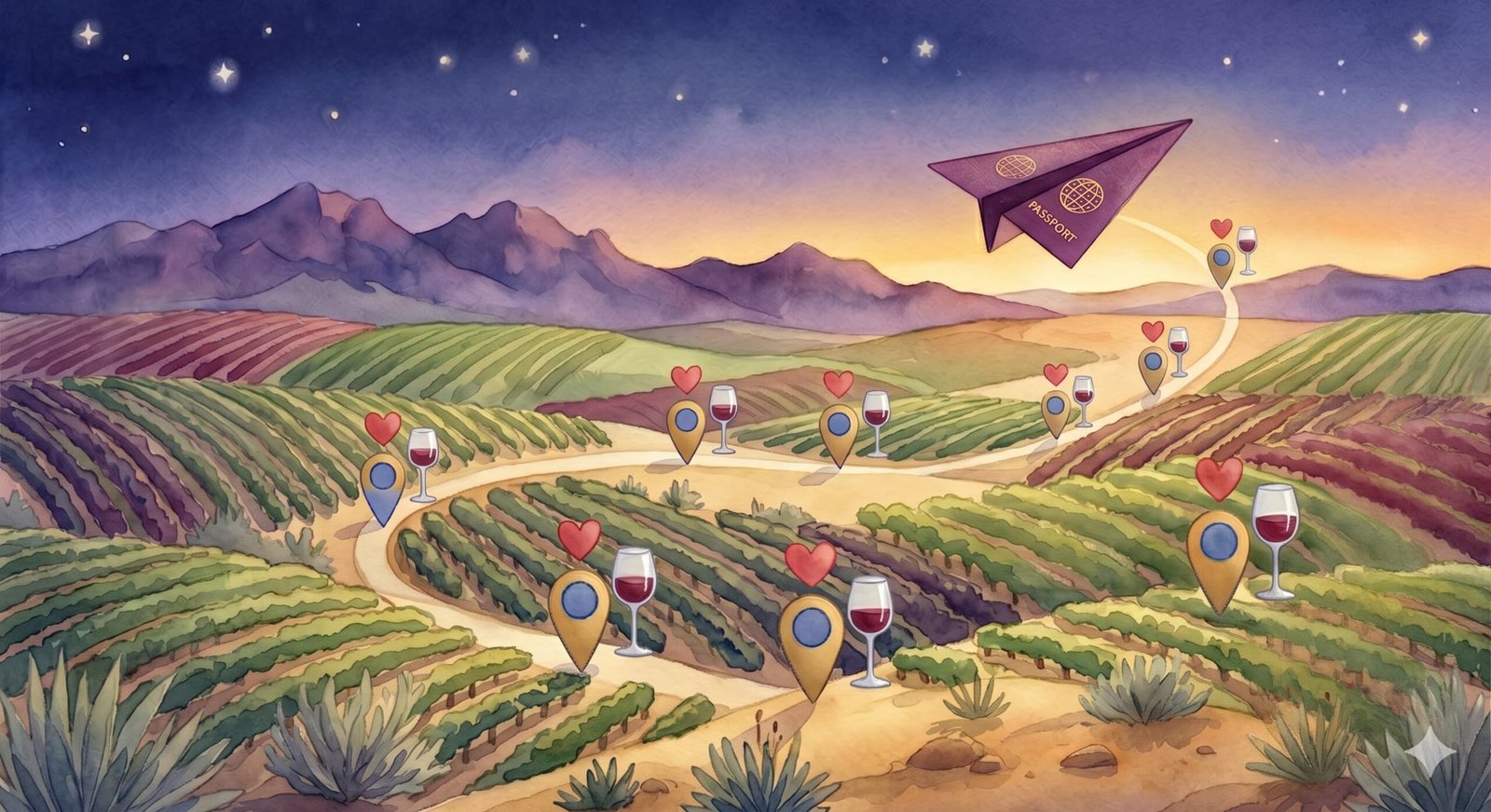 Watercolor aerial map illustration of the Willcox Arizona wine trail with GPS pins marking winery locations rolling desert vineyards and a dotted flight path connecting the wine country stops